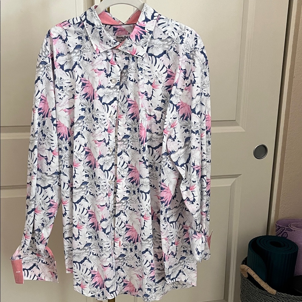 Tommy Bahama Pink and Blue Leaf Print Shirt